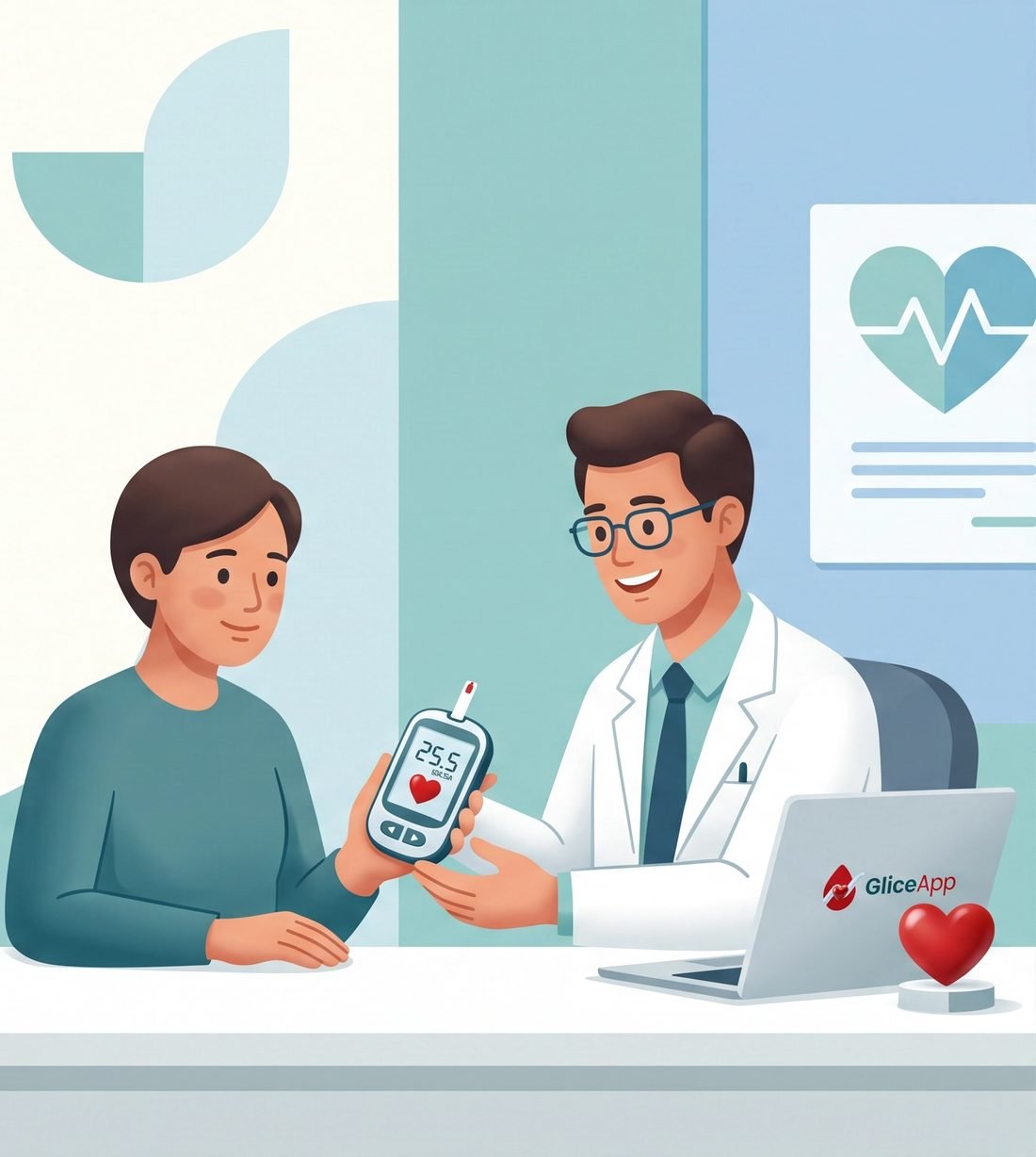 Paciente mostrando o glicosímetro ao médico